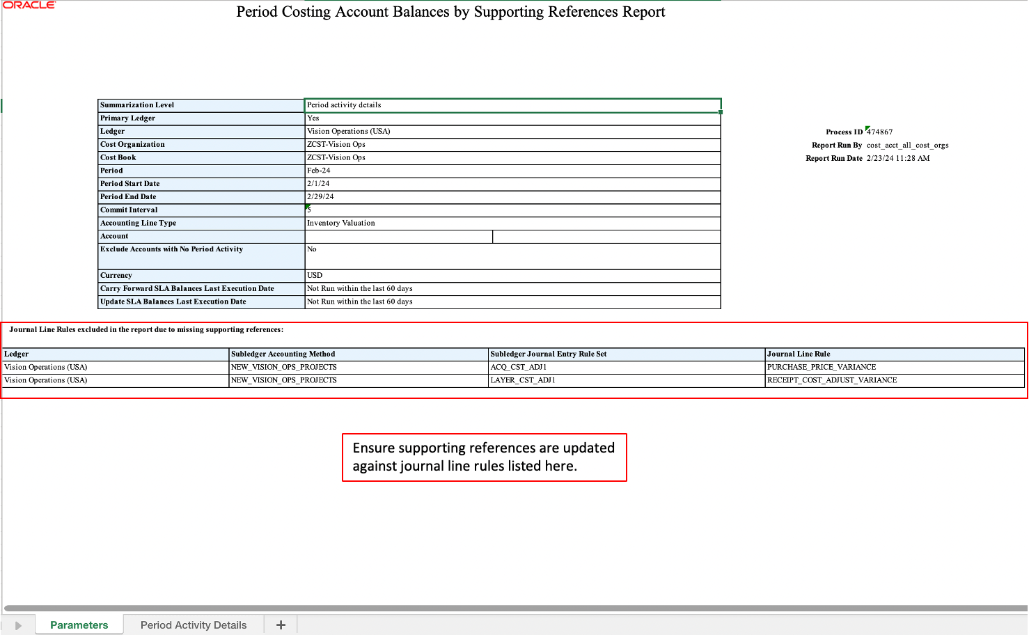 View Journal line rules missing supporting references in the parameters tab of the report