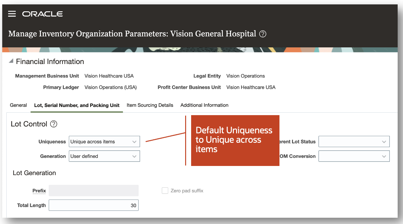 Manage Inventory Organizations page