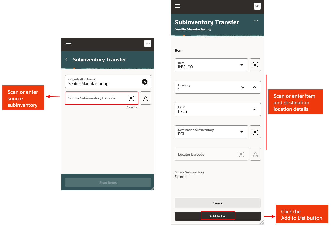 Scan location, enter item and destination location details
