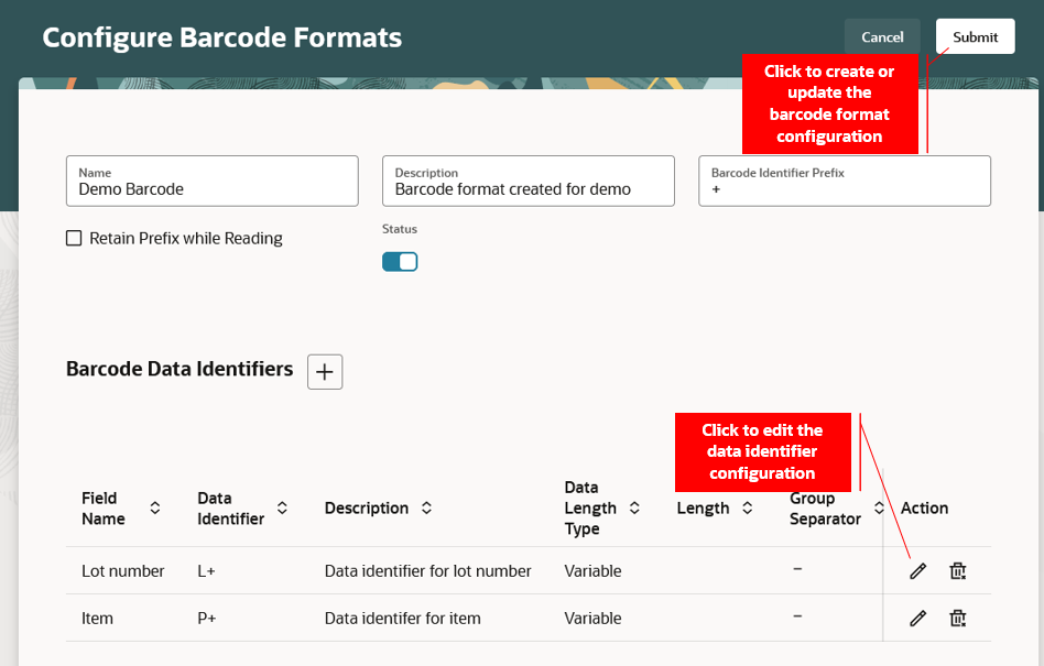 Sample barcode format configuration