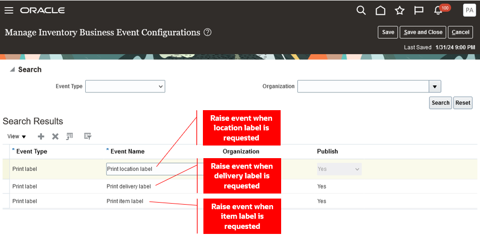 Manage Inventory Business Event Configurations page