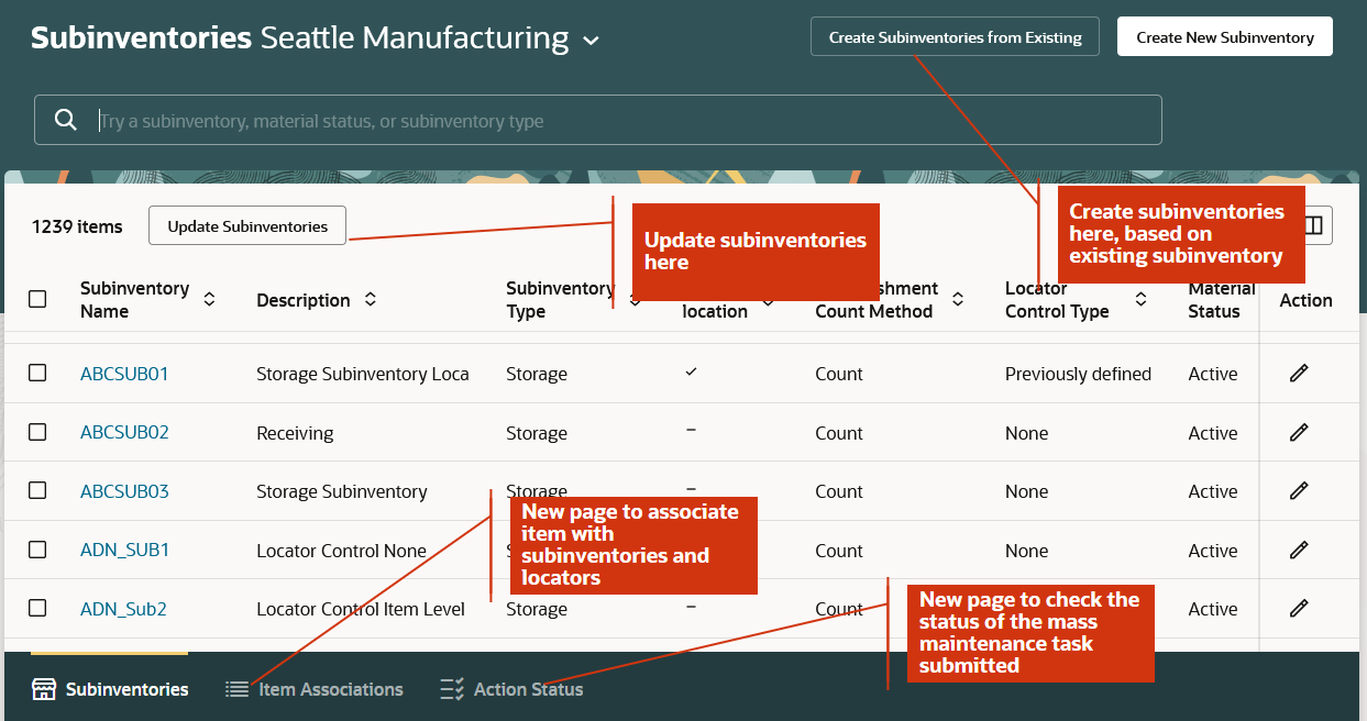 Subinventories page