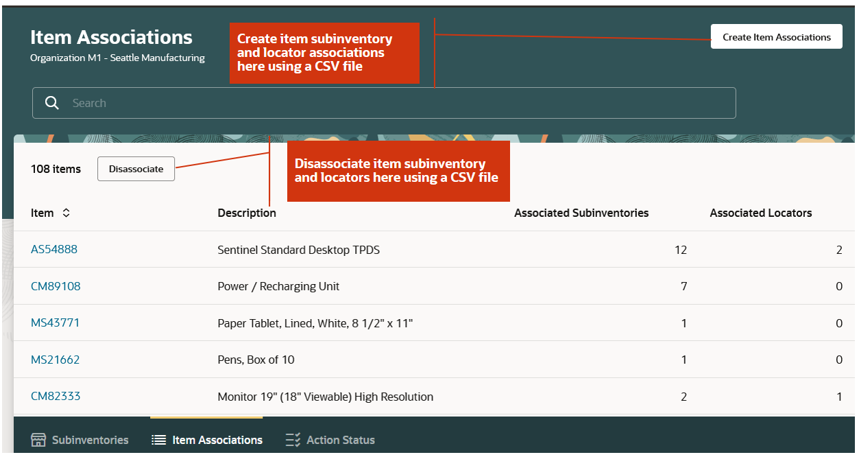 Item Associations page