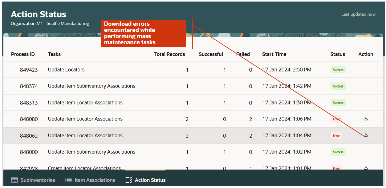 Action Status page