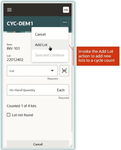 Add lot to cycle count