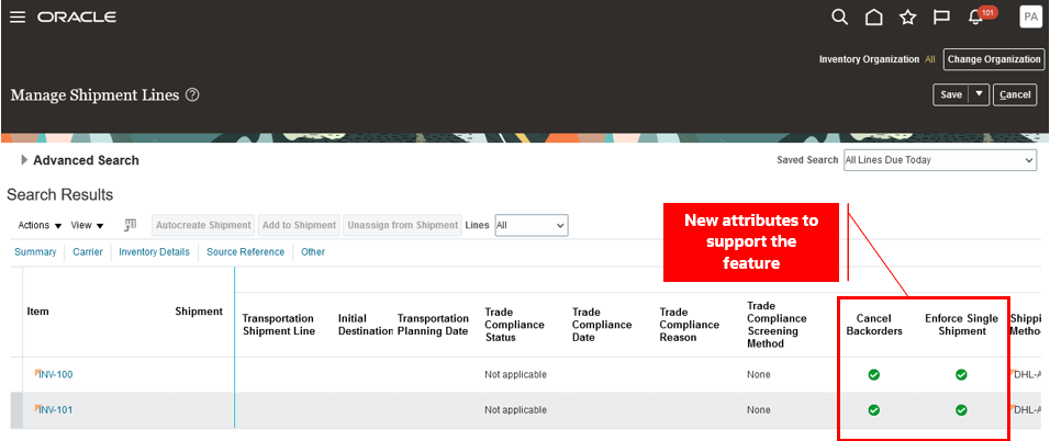 Manage Shipment Lines page