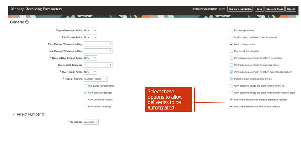 Manage Receiving Parameters page