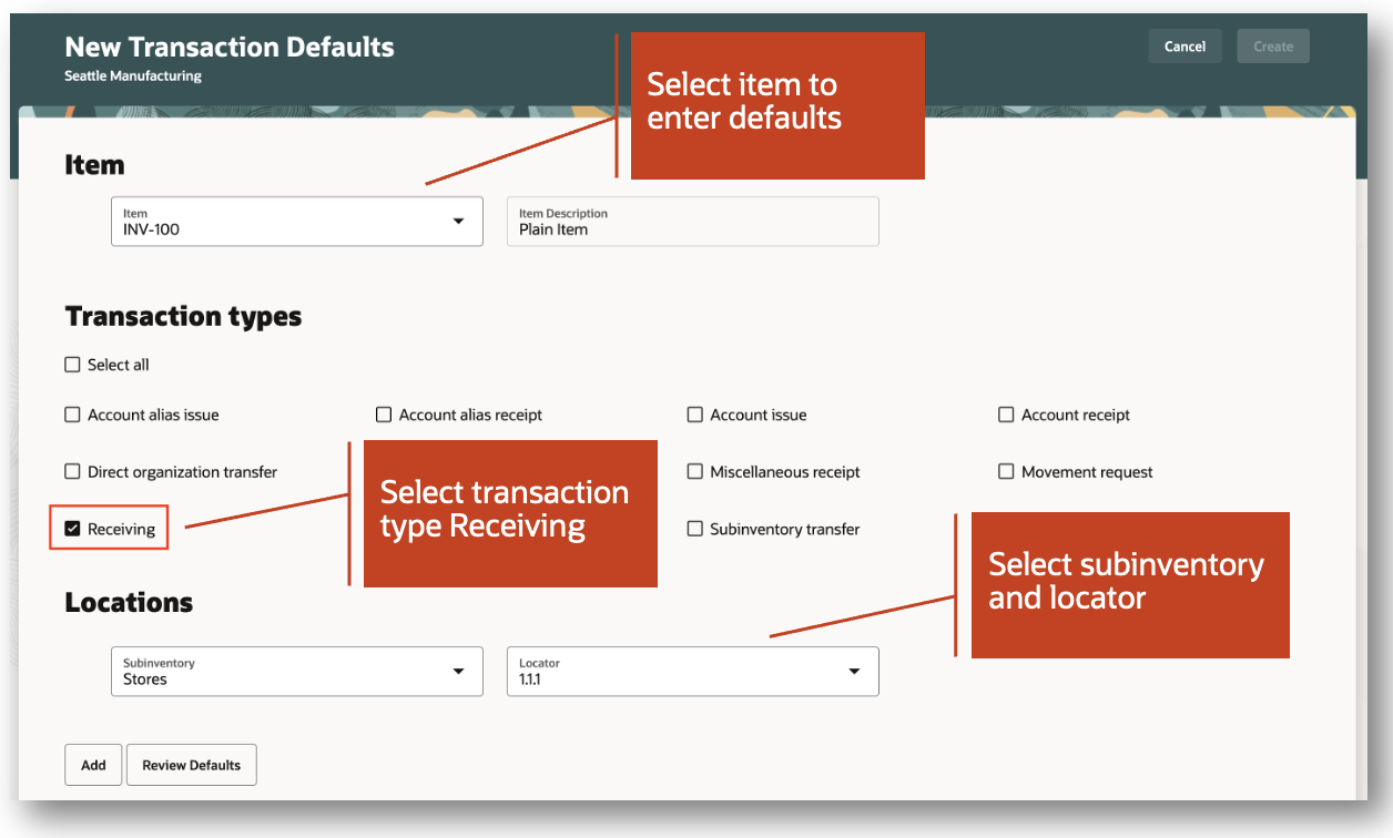 Configure item transaction defaults