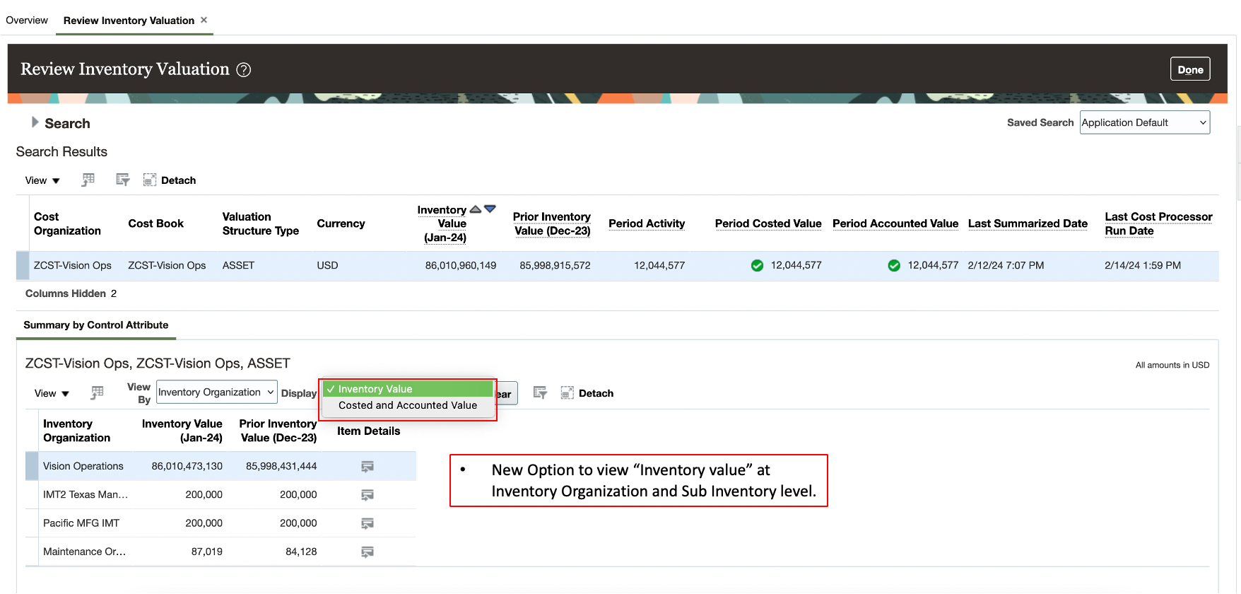 New option to view inventory value at inventory organization, subinventory level