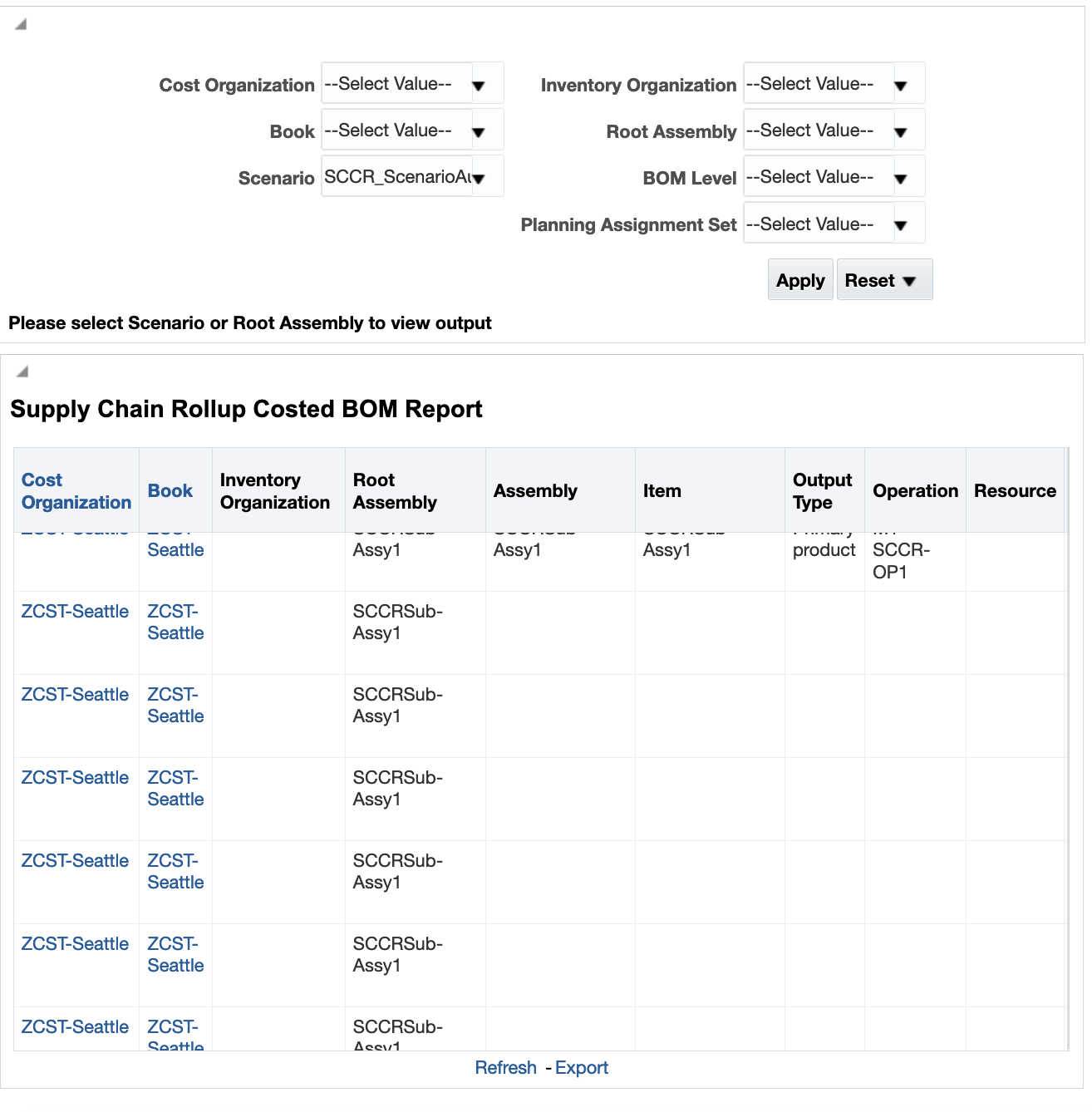 Supply Chain Rollup Costed BOM Report