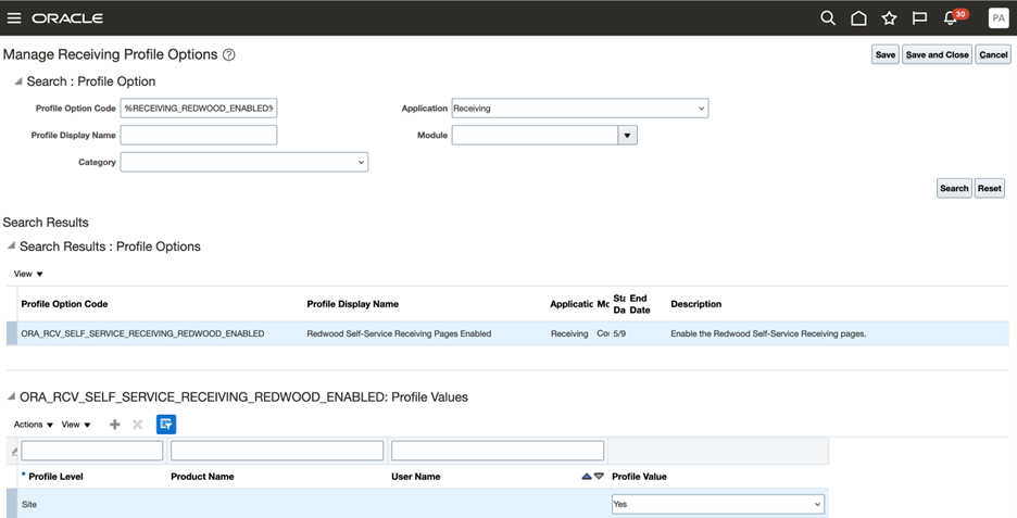 Manage Receiving Profile Options Page