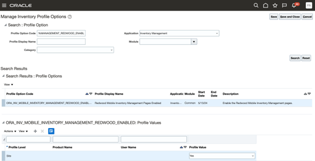 Manage Inventory Profile Options Page