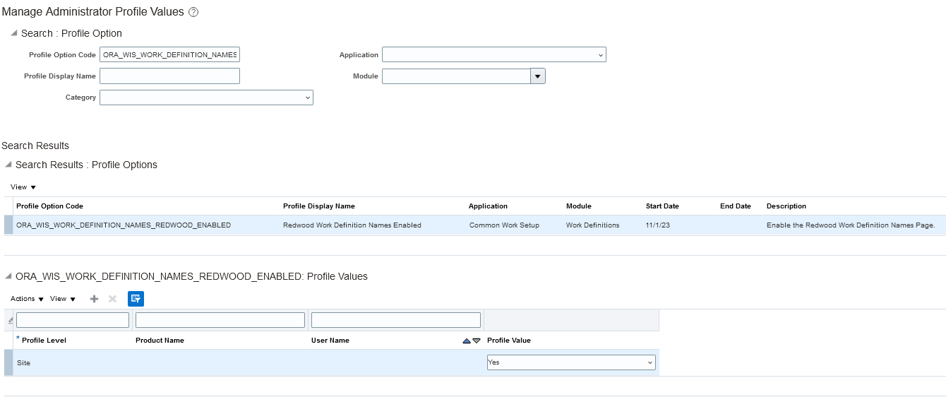 Profile Option to Enable or Disable Work Definition Names Redwood User Experience