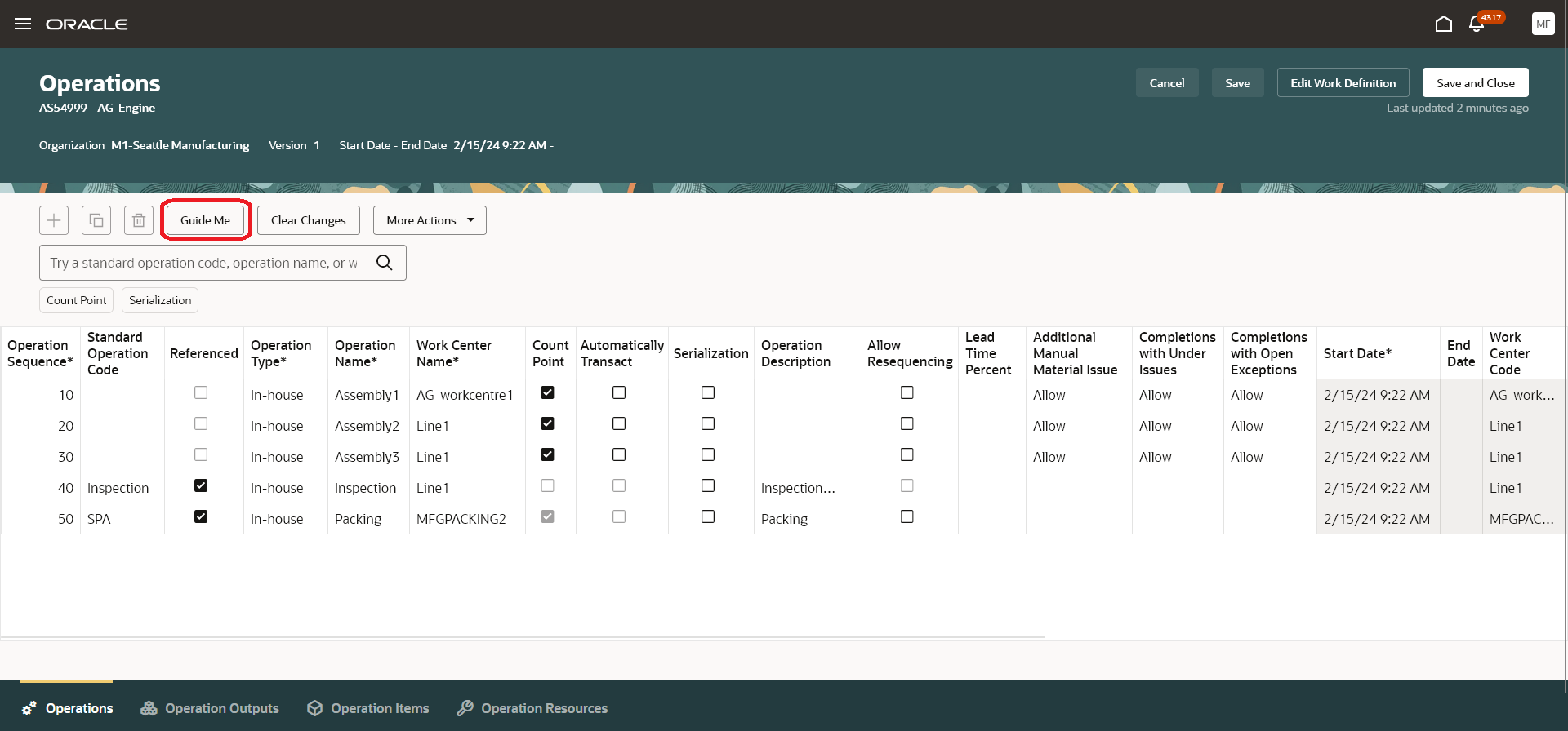 Work Definition Operations with Guide Me button enabled