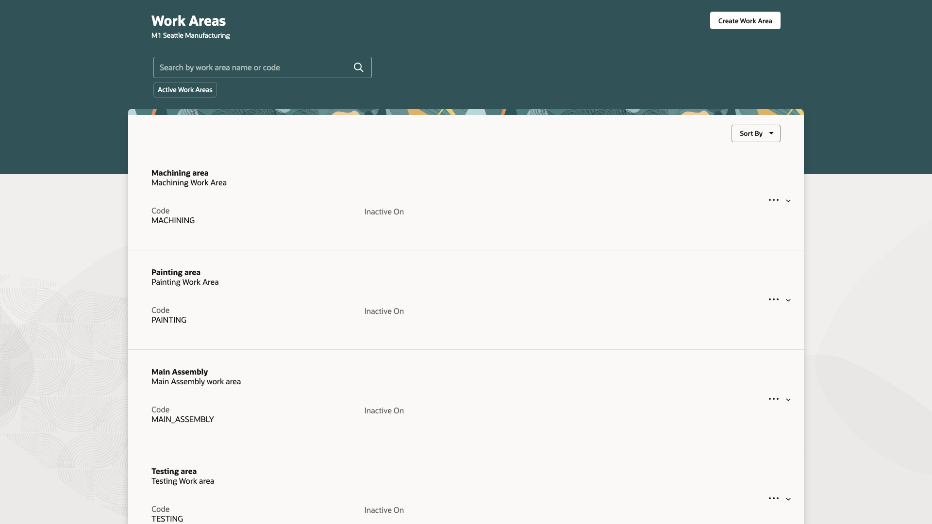 Search and Filter page for Work Areas