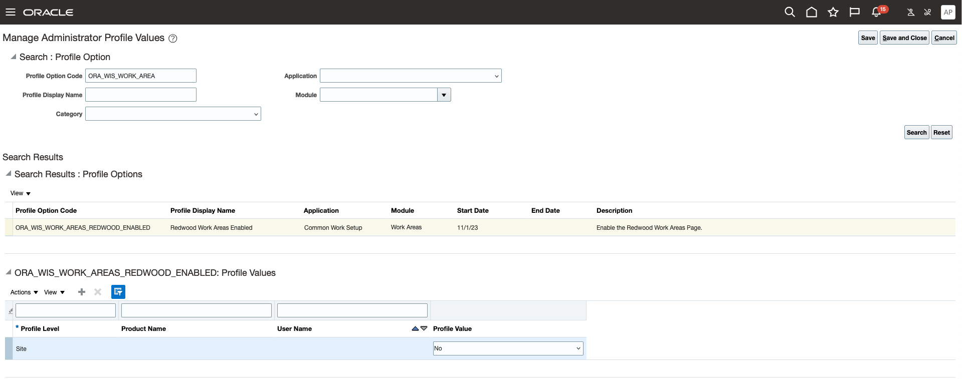 Profile Option to Enable or Disable Work Areas Redwood User Experience