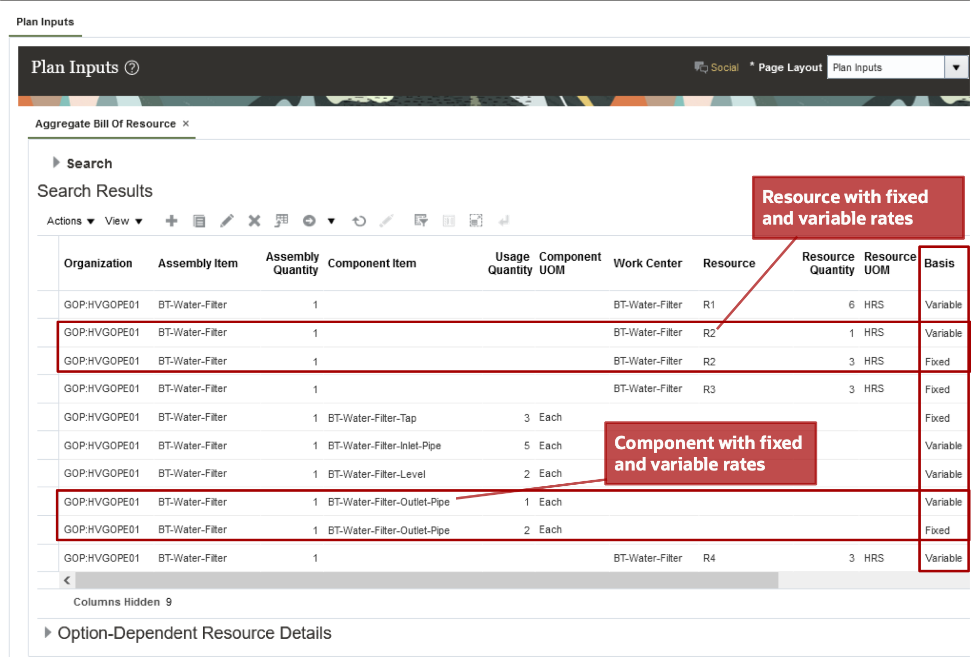 Aggregate Bills of Resources Table in the Plan Inputs Work Area