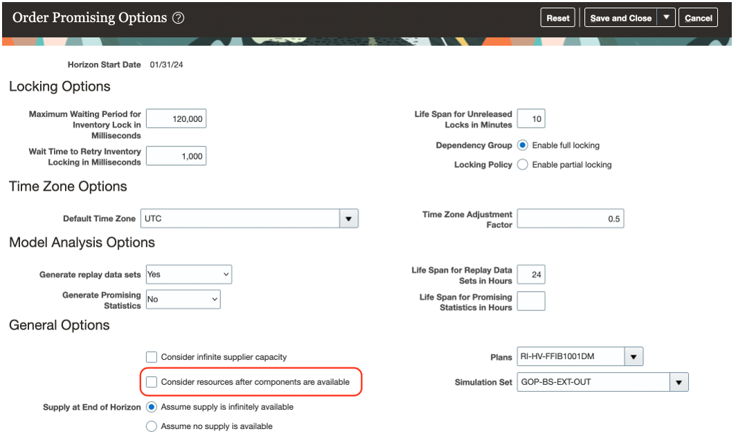 Go to the Order Promising work area, click Tasks > Order Promising Options, then add a check mark to the Consider Resources After Components Are Available option: