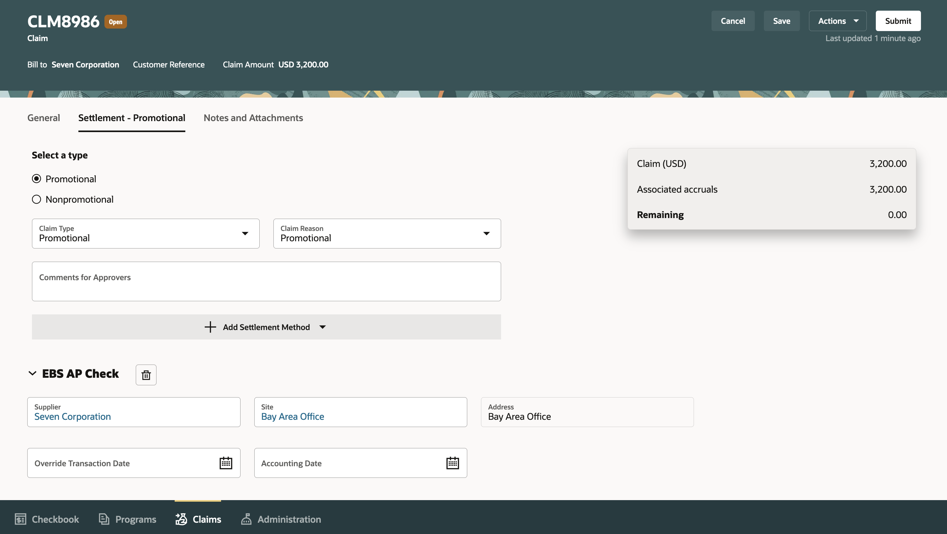 EBS AP Check as a Custom Settlement Method