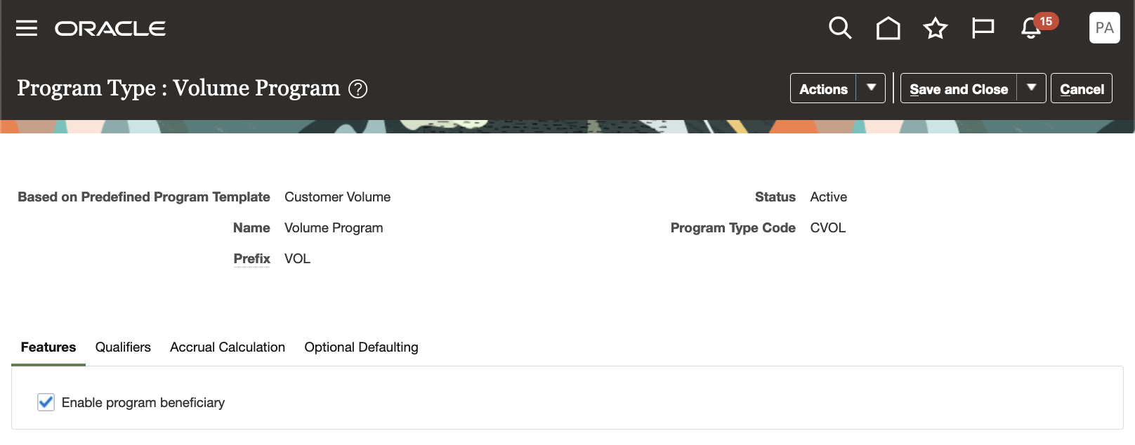 Features Tab of Volume Program Type