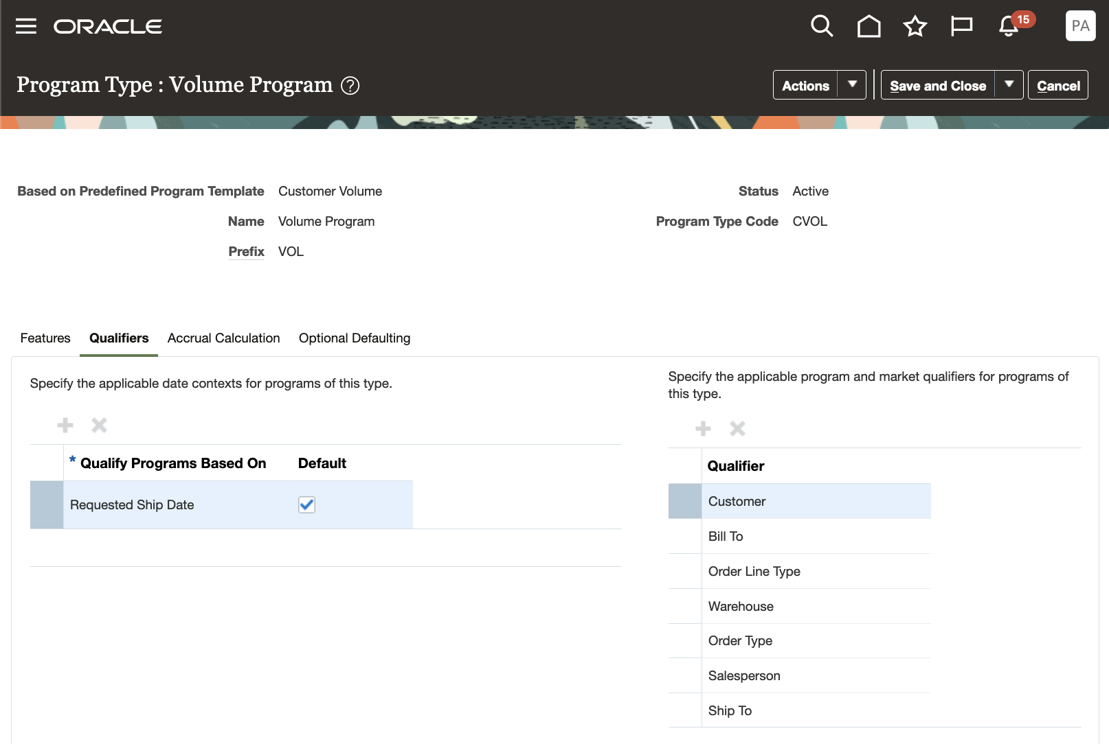 Qualifiers Tab of Volume Program Type