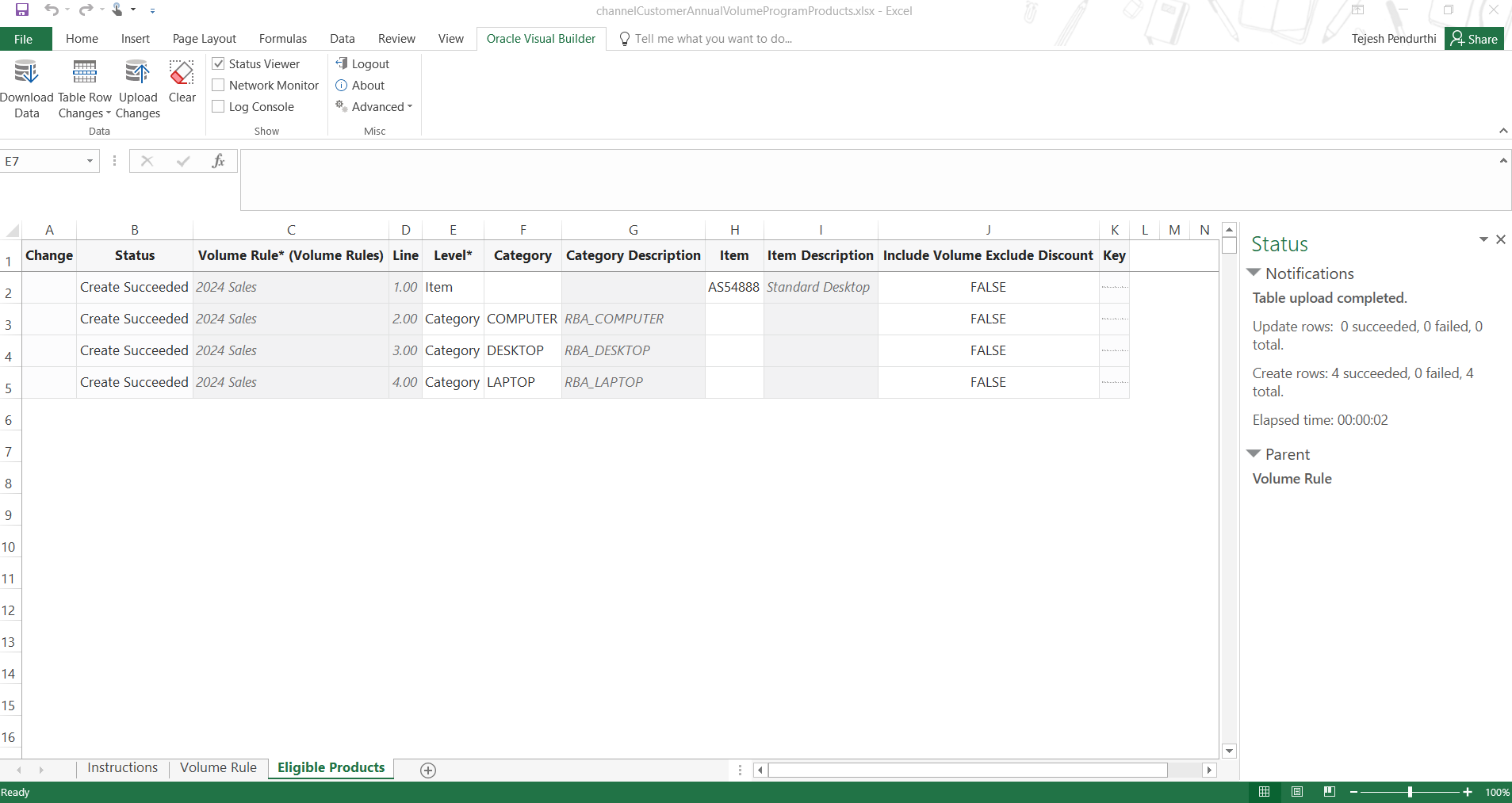 Successful Upload of Product Rules from Excel for a Customer Annual Volume Program
