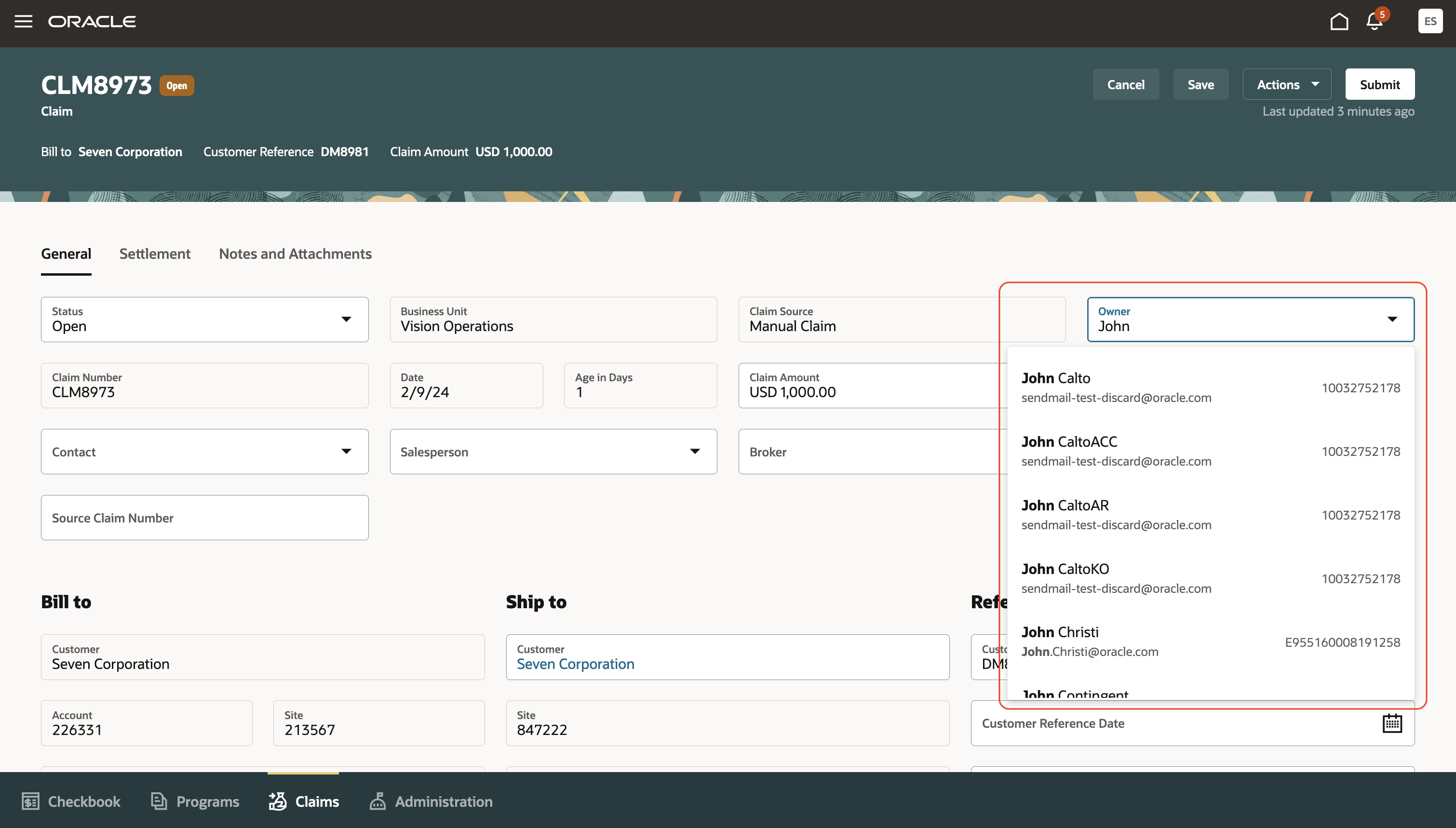 Claim Owner List of Values