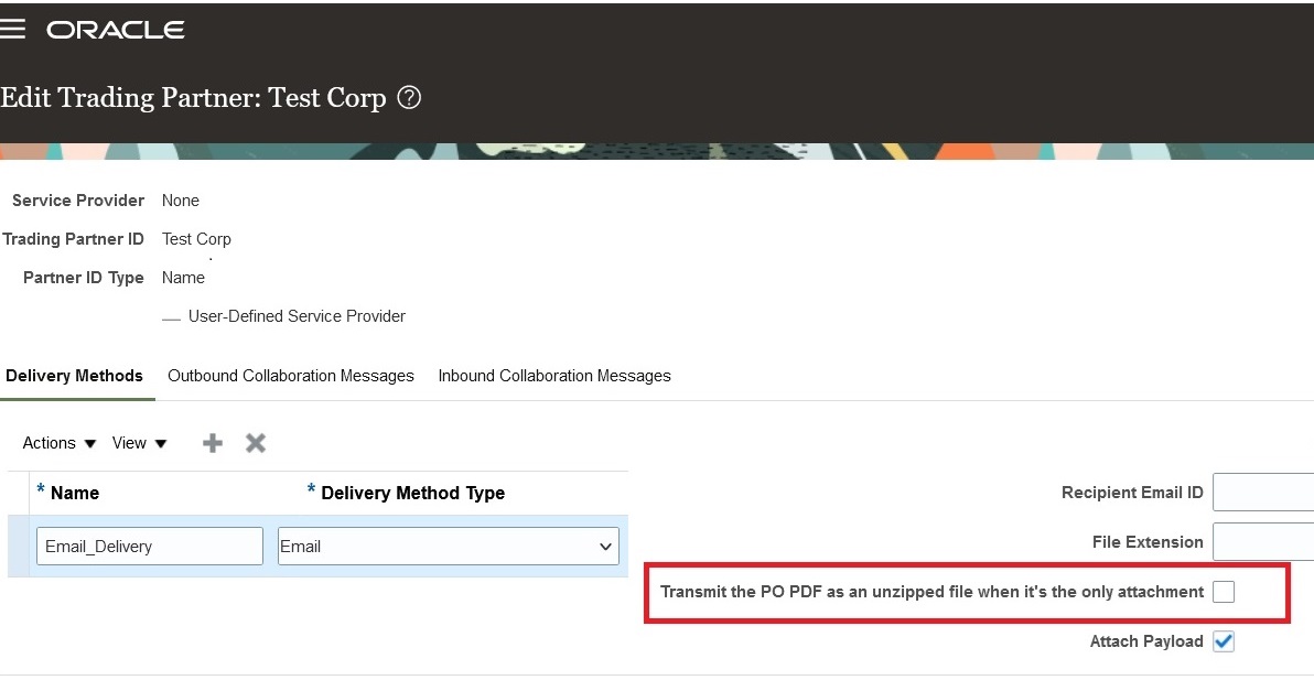 Screen capture that shows the check box on the delivery methods tab.