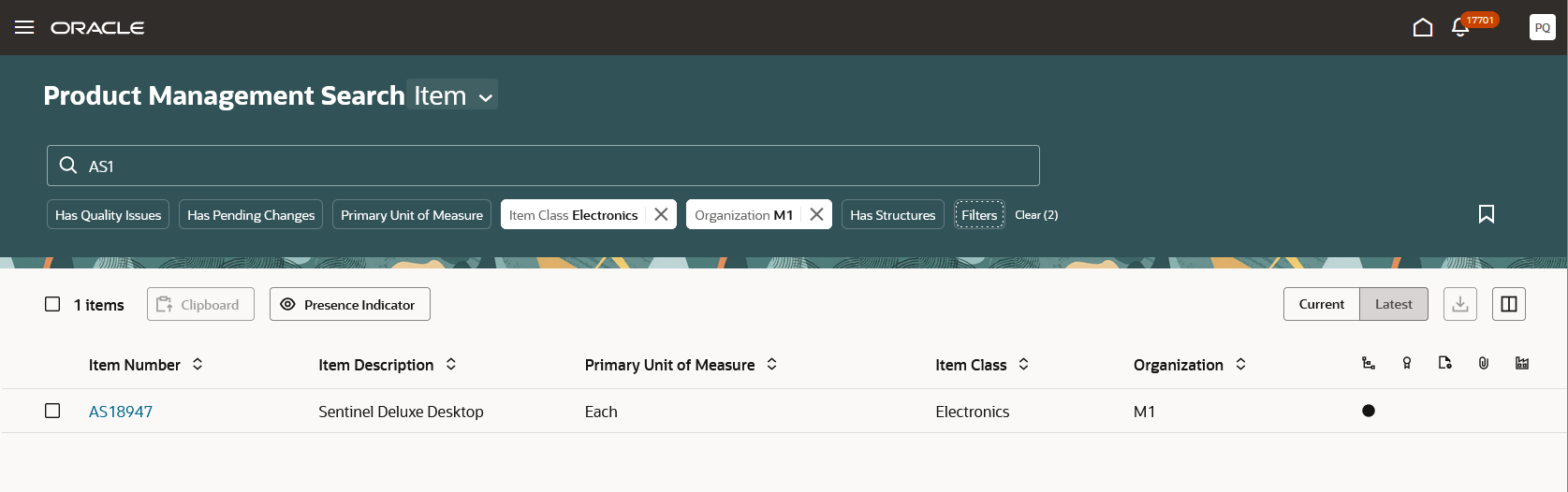 Search results after filtering