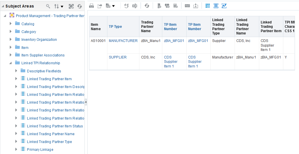OTBI for manufacturer part number and supplier part number relationship links