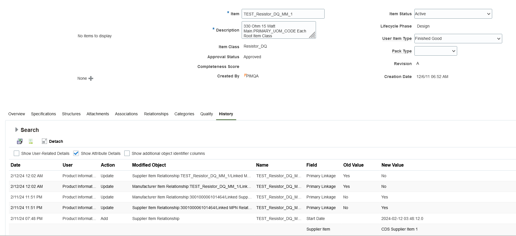 Audit report for manufacturer part number and supplier part number relationship links