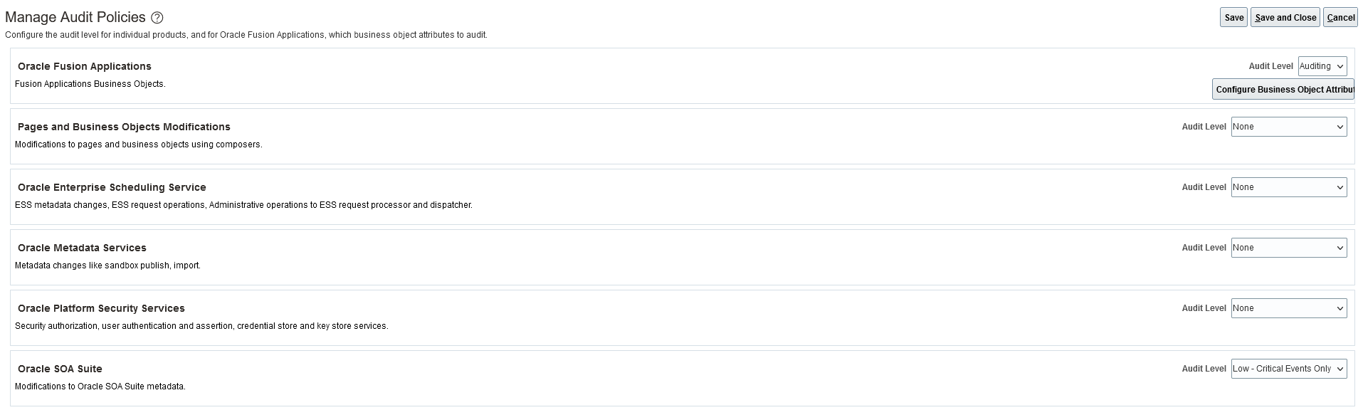 Manage Audit Policies page