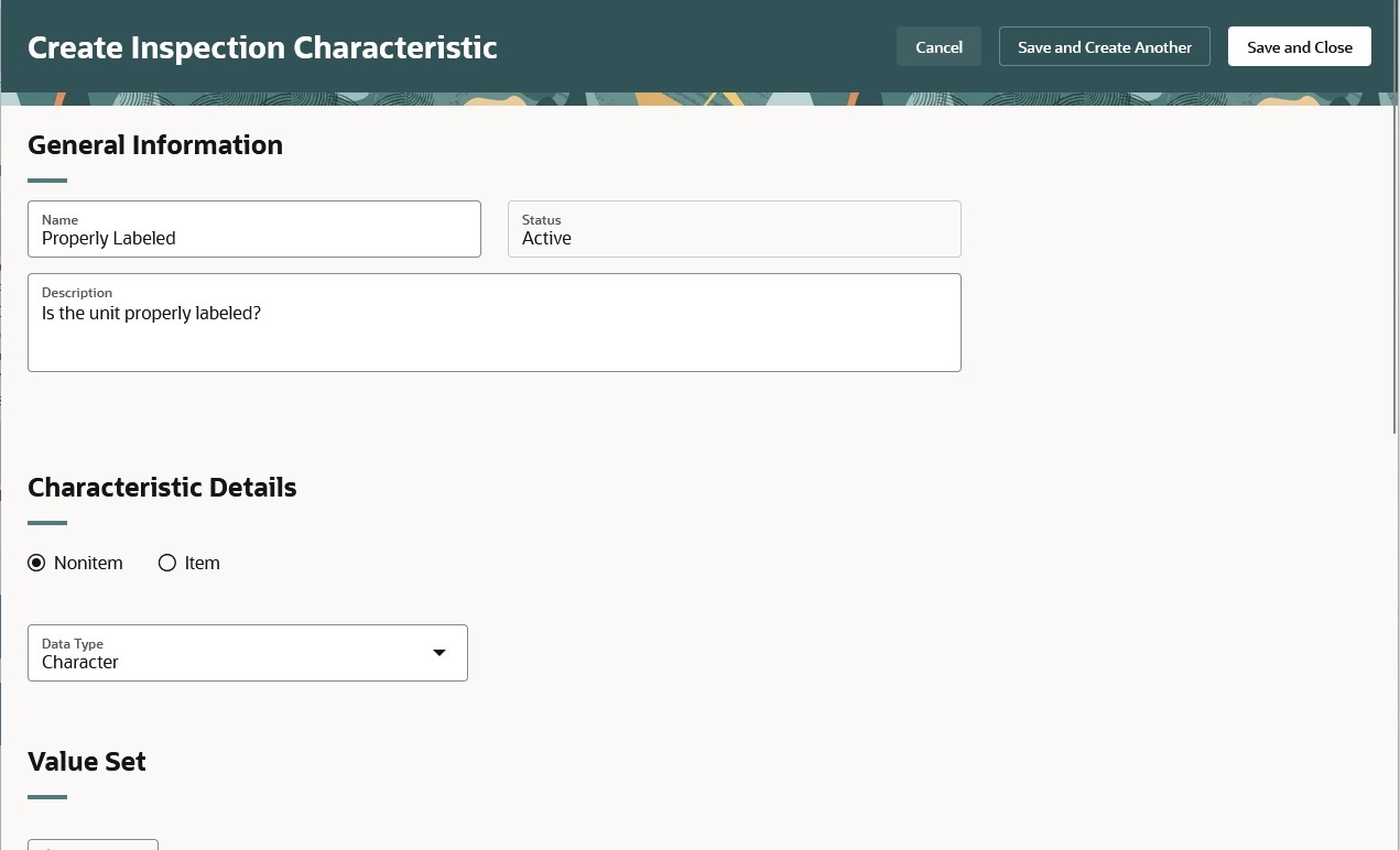 Create new inspection characteristic