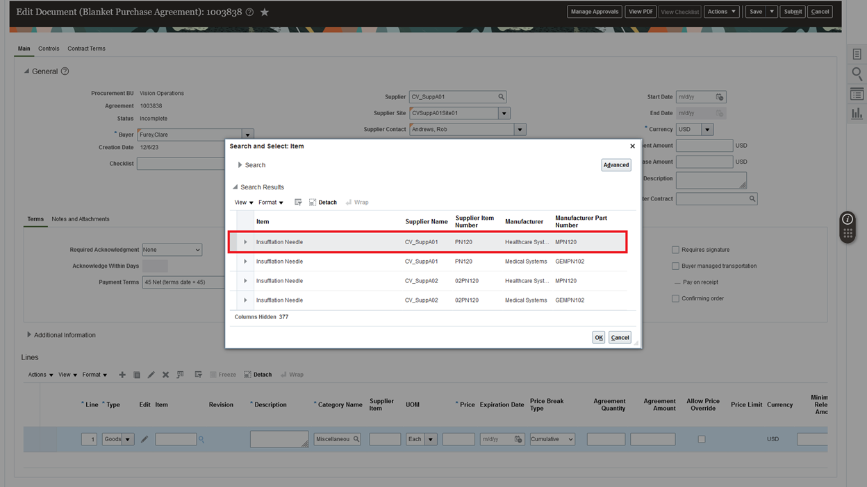 Search and select the item on the Blanket Purchase Agreement line