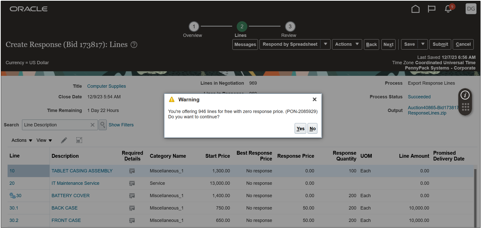 Supplier Enters a 0 Response Price