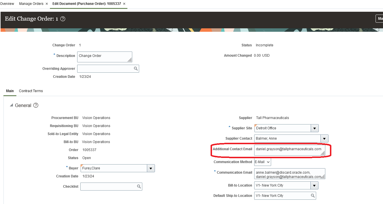 Update the Additional Contact Email attribute as part of the PO change order