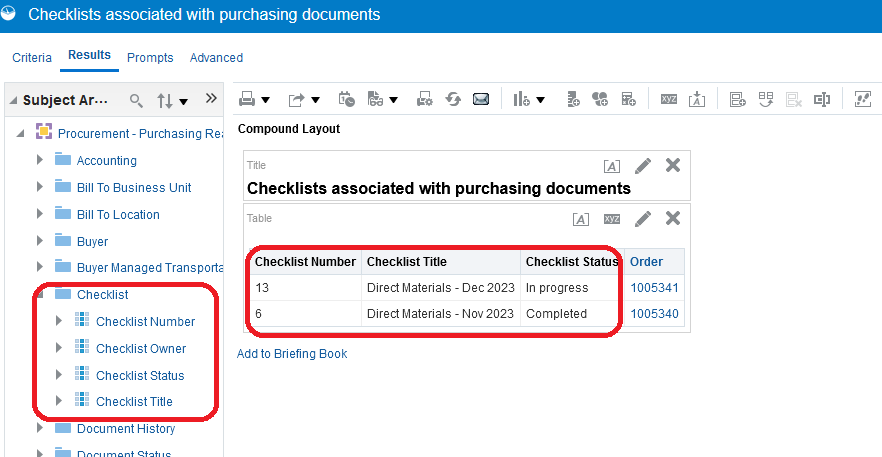 OTBI report using checklist attributes