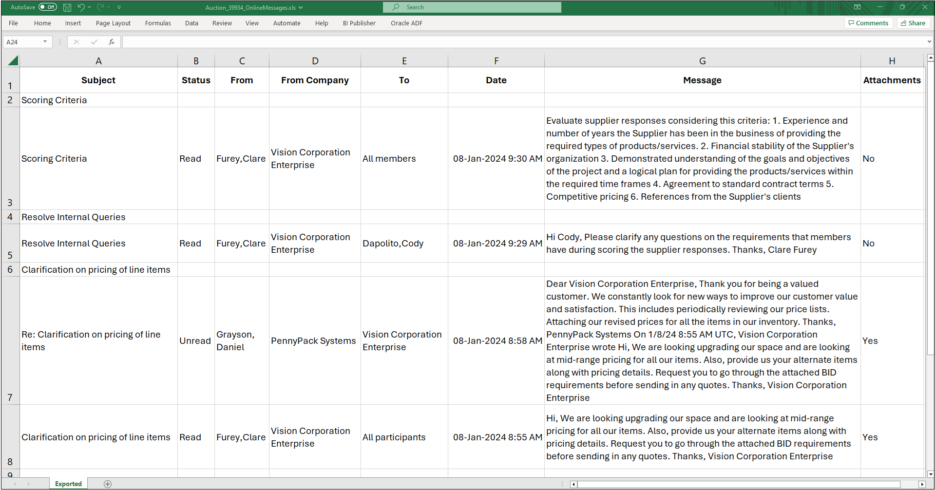 Export Online Messages to Excel