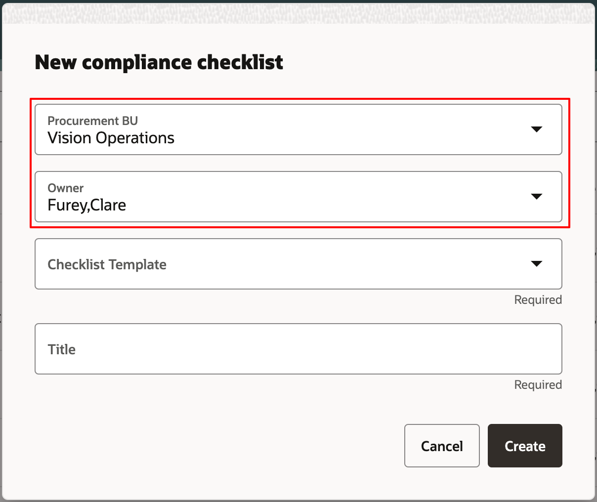 New compliance checklist with prepopulated values