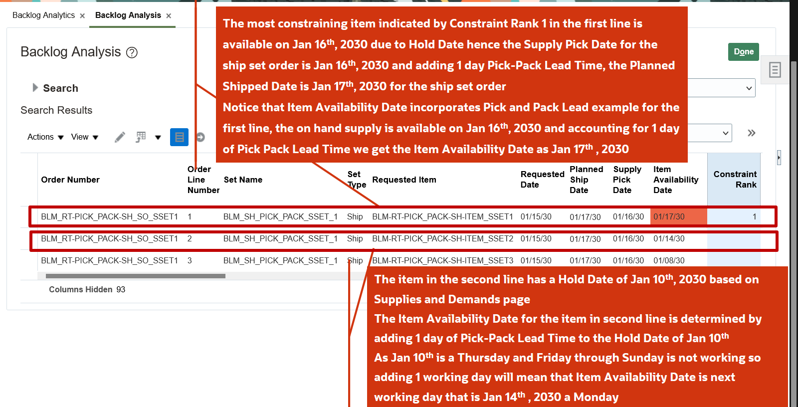 Backlog Analysis page shows some important related attributes for the shipment set