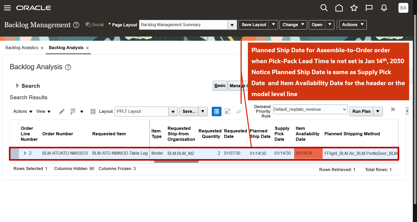 Backlog Analysis page shows important related attributes for the assemble-to-order order