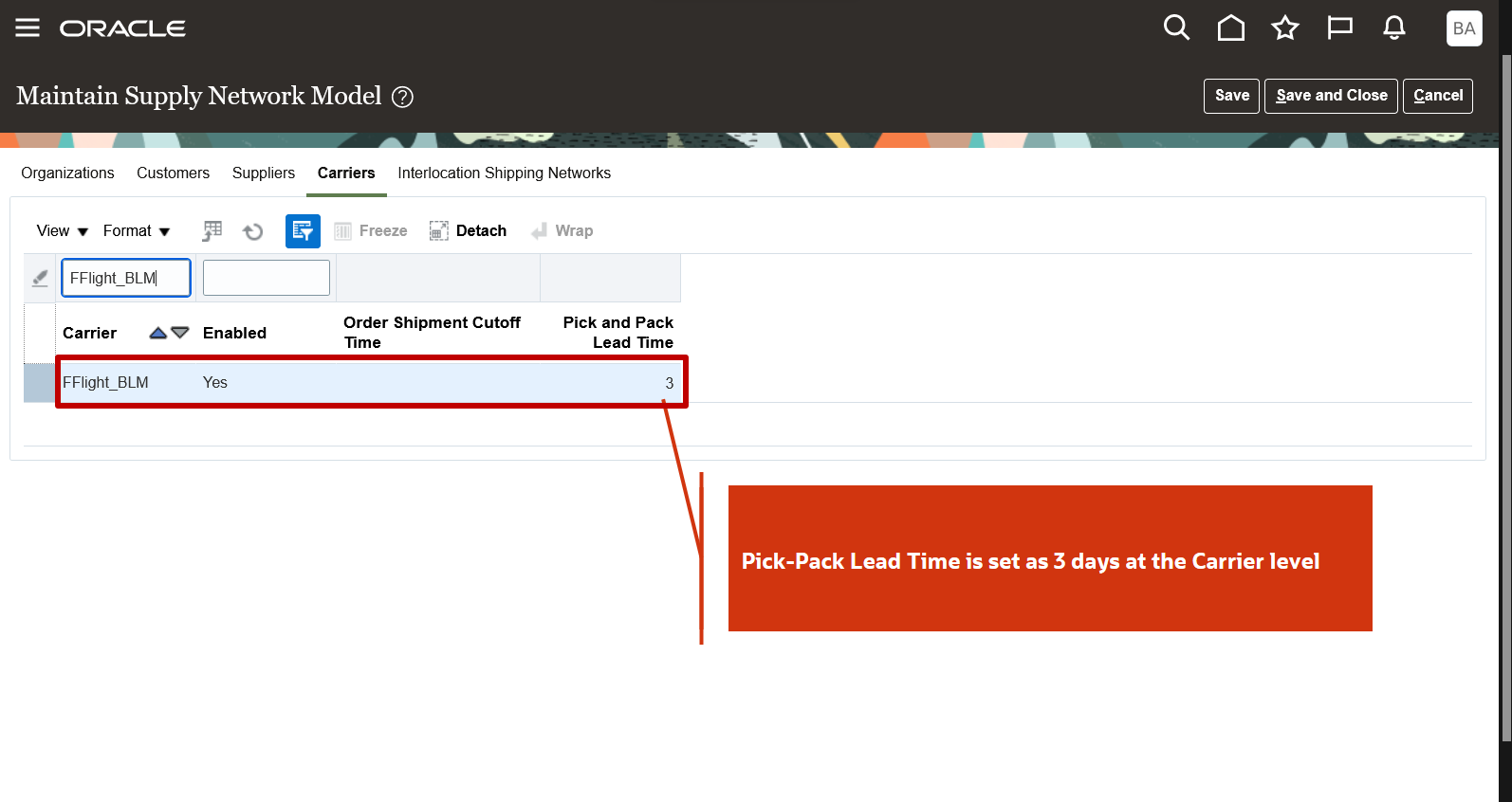 Pick and Pack Lead Time column specified on the Carriers tab 