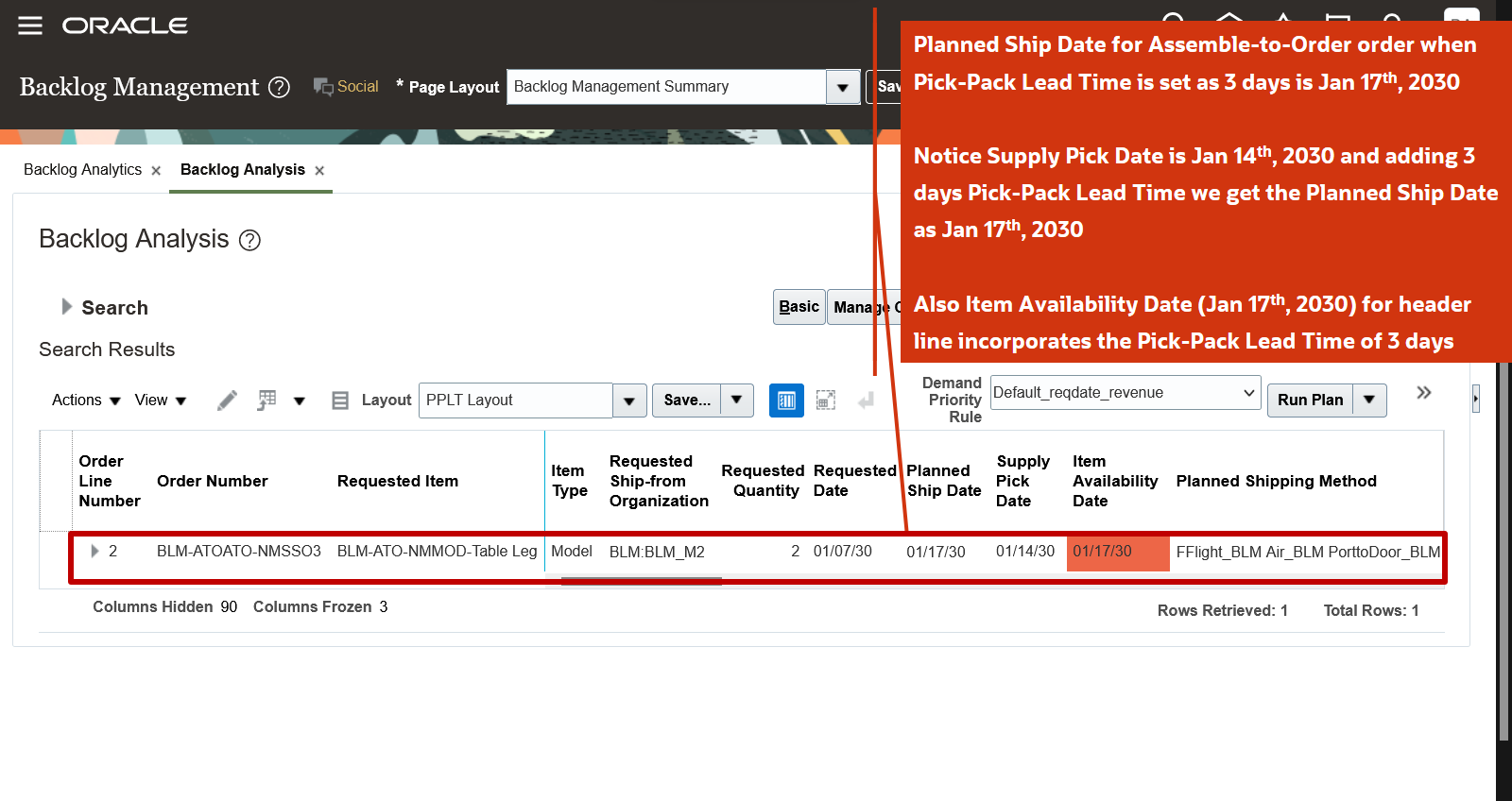 Backlog Analysis page shows important attributes for an assemble-to-order order