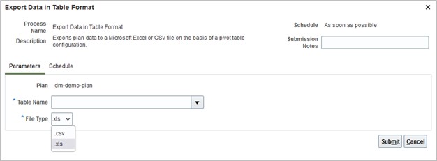 Export Data in Table Format page