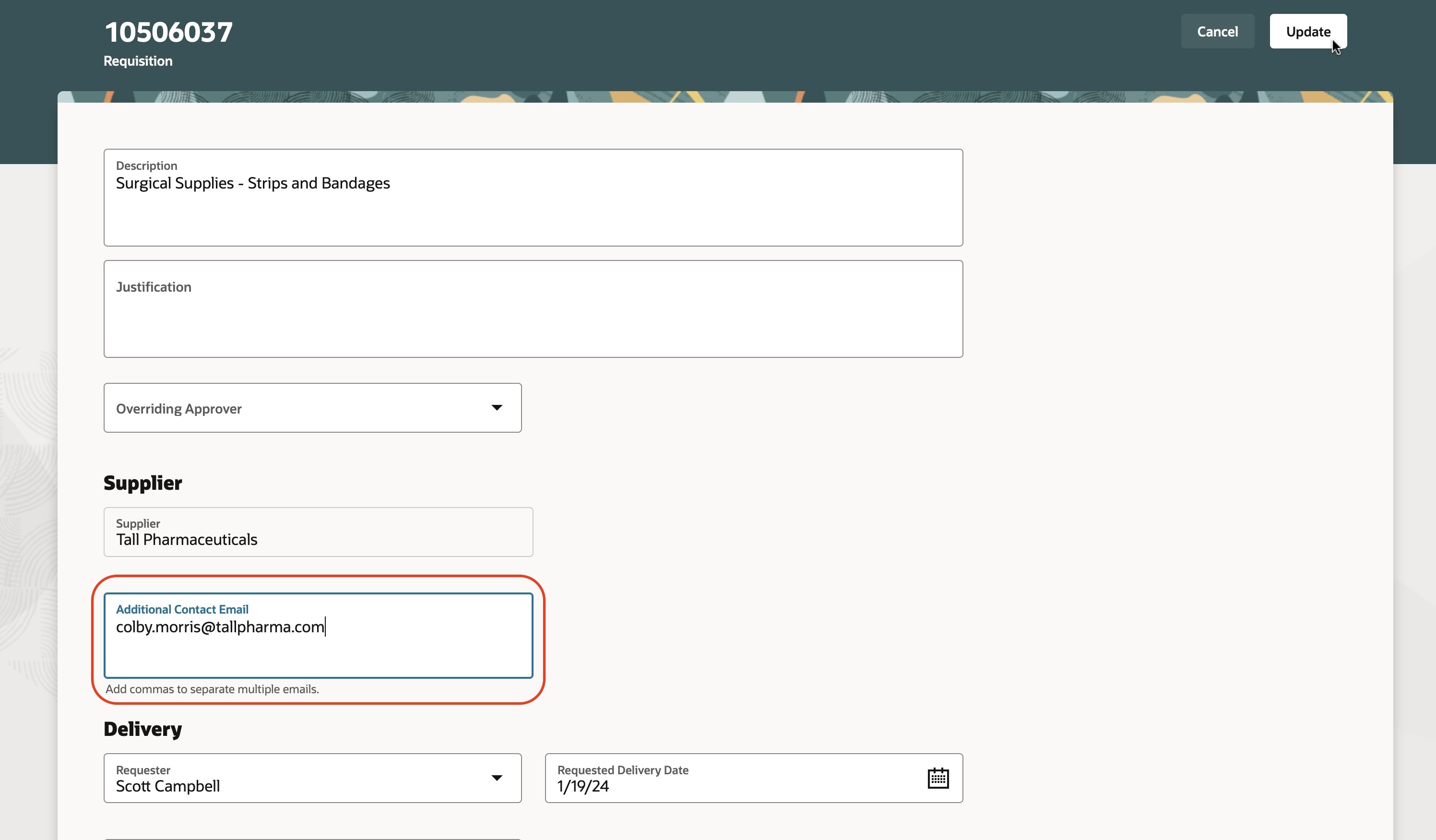 Assigning the same additional supplier contact emails to all items in the requisition