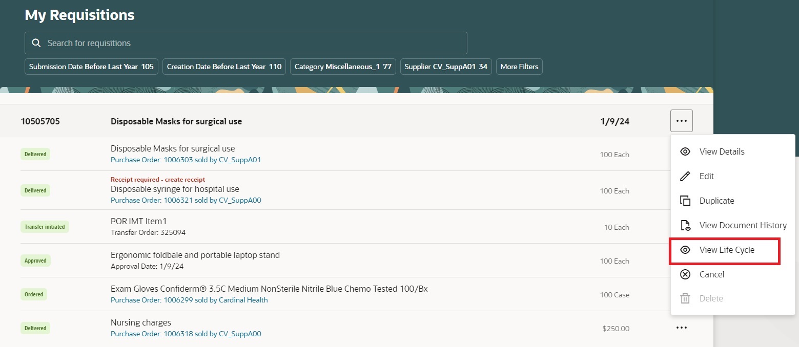 Menu action to navigate to the Requisition Life Cycle page.