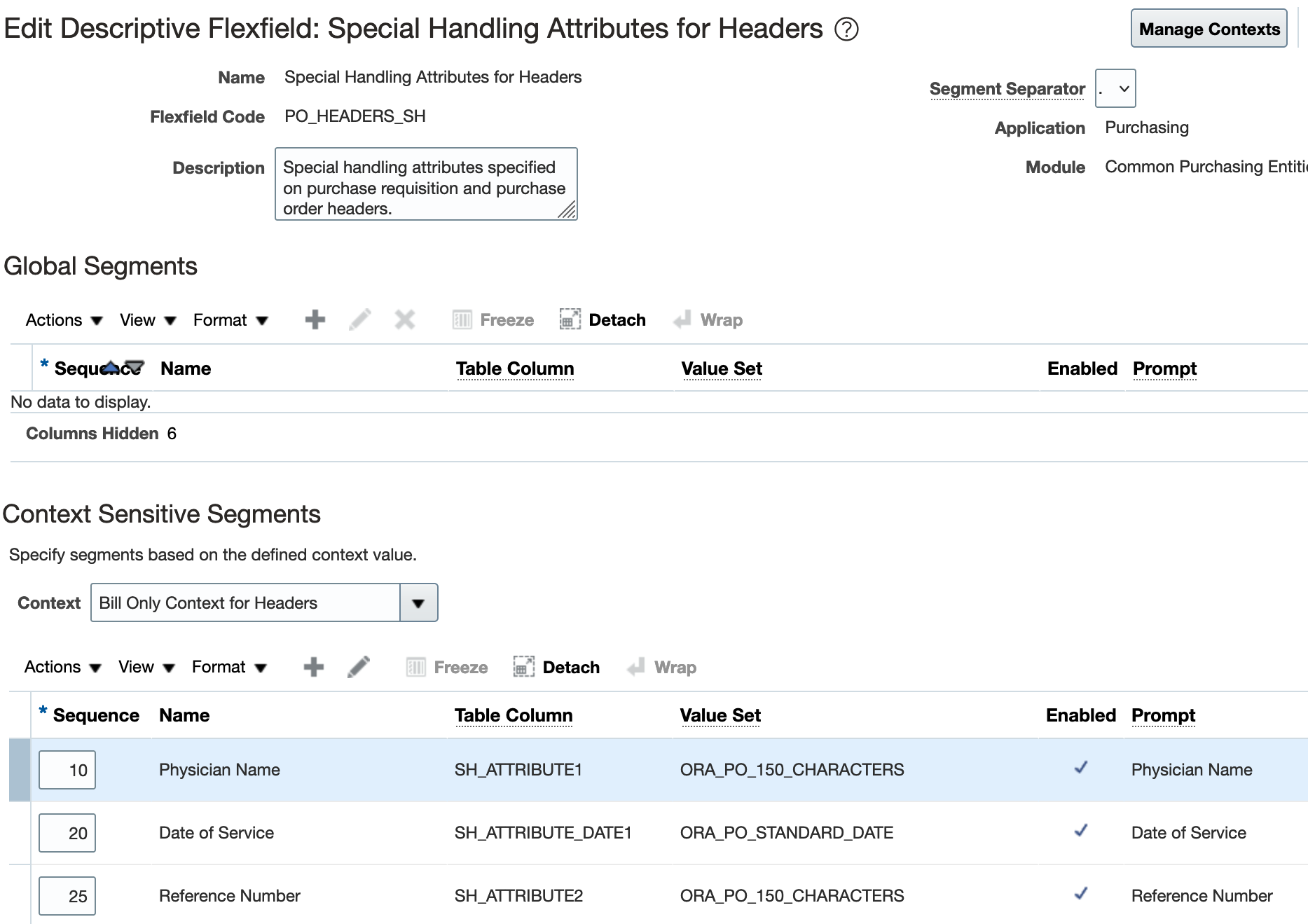 Special Handling Attributes for Headers flexfield