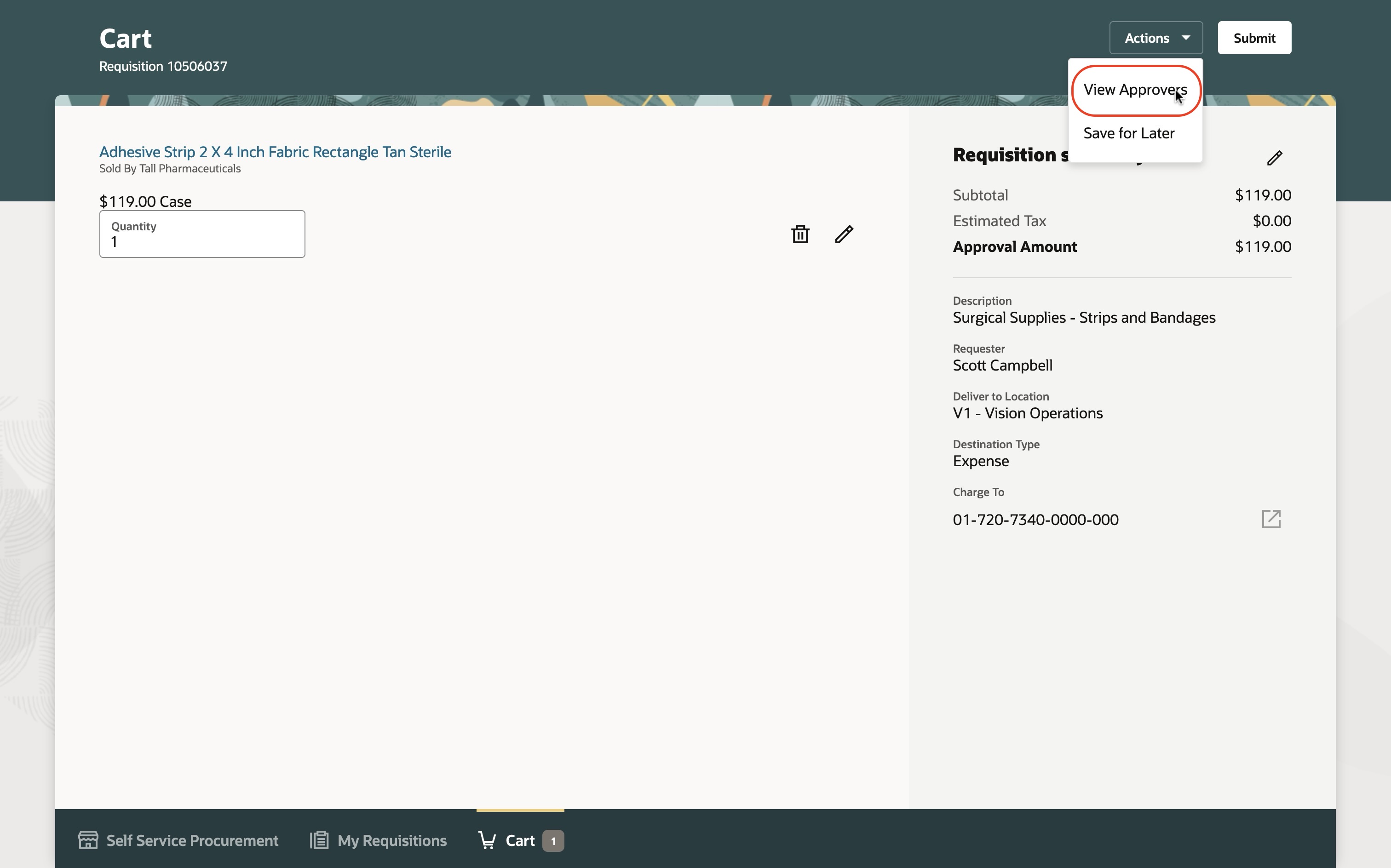 View Approvers option on the Cart page