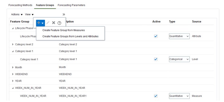 Feature Groups Tab on the Manage Forecasting Profiles Page
