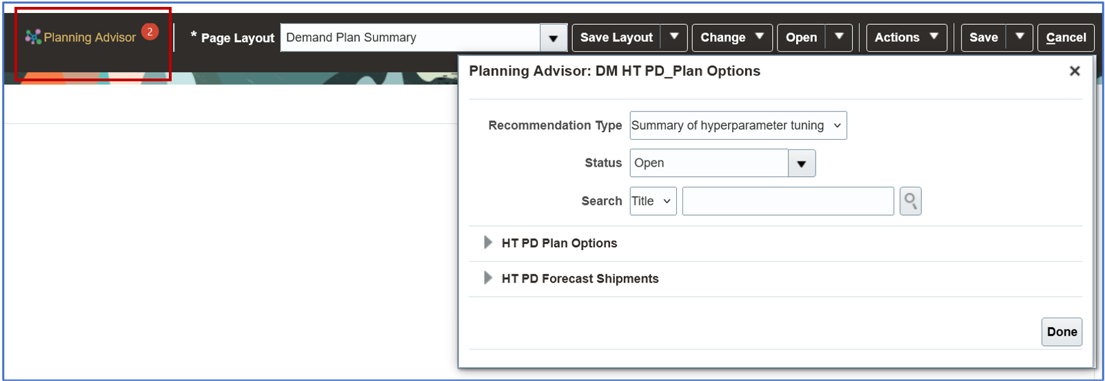 Planning Advisor with Collapsed Details of Hyperparameter Tuning